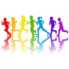 Rainbow colors silhouettes of children running