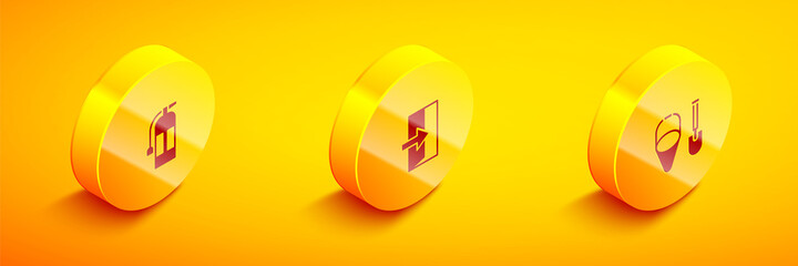 Set Isometric Fire extinguisher, exit and shovel and bucket icon. Vector