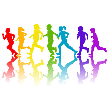 Rainbow colors silhouettes of children running