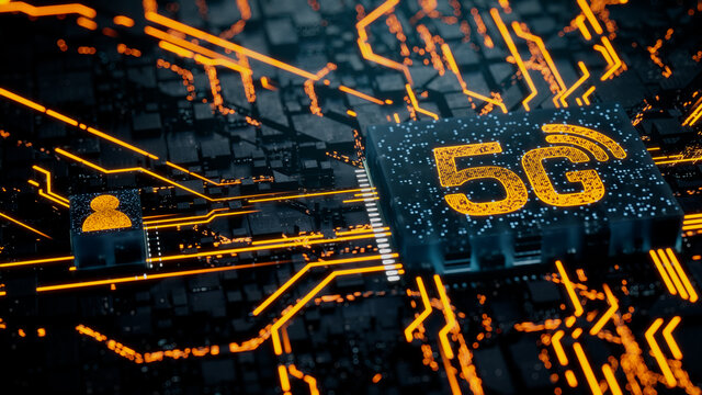 Wireless Technology Concept with 5G symbol on a Microchip. Orange Neon Data flows between the CPU and the User across a Futuristic Motherboard. 3D render.