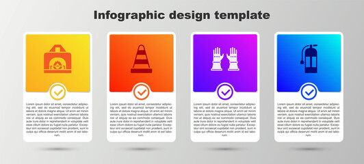 Set Interior fireplace, Traffic cone, Firefighter gloves and extinguisher. Business infographic template. Vector