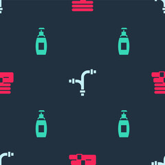 Set Towel stack, Industry metallic pipe and Bottle of liquid soap on seamless pattern. Vector