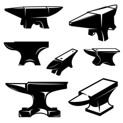Set of illustrations of blacksmith anvil . Design element for logo, label, sign, emblem, poster. Vector illustration