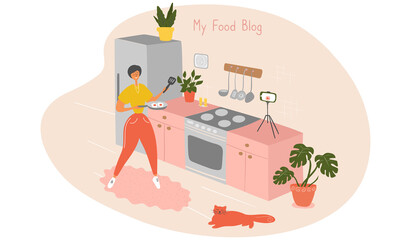 Food blogger. Young woman records video. Chef is cooking in kitchen. Housewife holds frying pan and stands by stove. Cartoon vector illustration