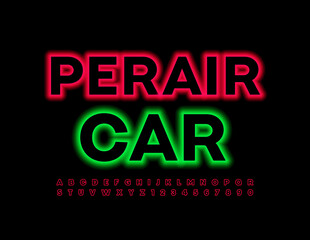 Vector industrial logo Repair Car. Red Illuminated Font. Neon glowing Alphabet Letters and Numbers set