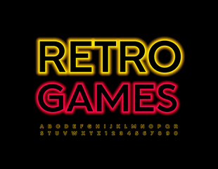 Vector neon template Retro Games. Glowing light Font. Yellow Alphabet Letters and Numbers set