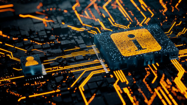 Information Technology Concept With Info Symbol On A Microchip. Orange Neon Data Flows Between The CPU And The User Across A Futuristic Motherboard. 3D Render.