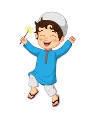 Cartoon happy Muslim boy playing firework