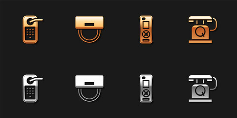 Set Digital door lock, Bellboy hat, Remote control and Telephone handset icon. Vector