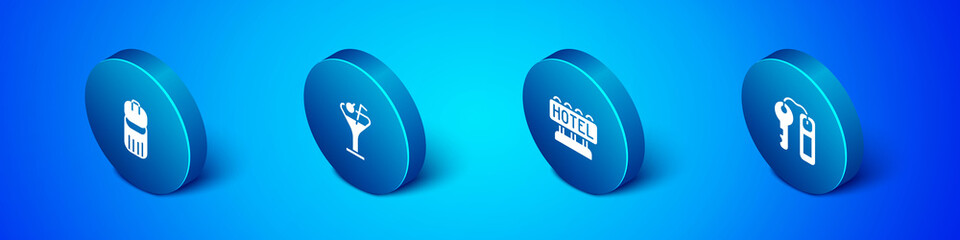 Set Isometric Trash can, Signboard with text Hotel, door lock key and Martini glass icon. Vector
