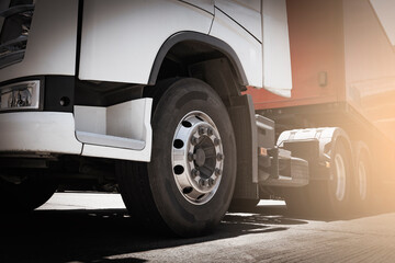 Front a Big Truck Wheels of Semi Truck a Parking. Industry Freight Truck Transportation.