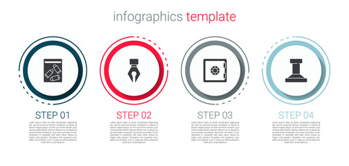 Set Evidence bag and bullet, Fountain pen nib, Safe and Stamp. Business infographic template. Vector