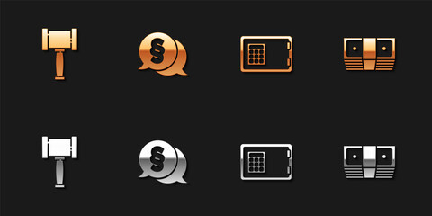 Set Judge gavel, Law, Safe and Bribe money cash icon. Vector