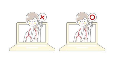 パソコンから正解と不正解を出す医者が飛び出すイラスト
