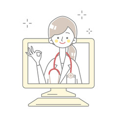 パソコンからOKサインを出す医者が飛び出すイラスト