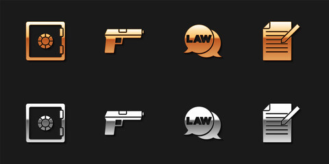Set Safe, Pistol or gun, Law and Document and pen icon. Vector