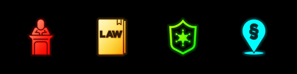Set Judge, Law book, Police badge and Location law icon. Vector