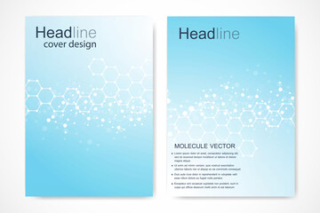 Scientific brochure design template. Vector flyer layout, Molecular structure with connected lines and dots. Scientific pattern atom DNA with elements for magazine, leaflet, cover, poster design.