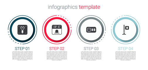 Set Repair of railway, Ticket office to buy tickets, Electrical outlet and Cafe and restaurant location. Business infographic template. Vector