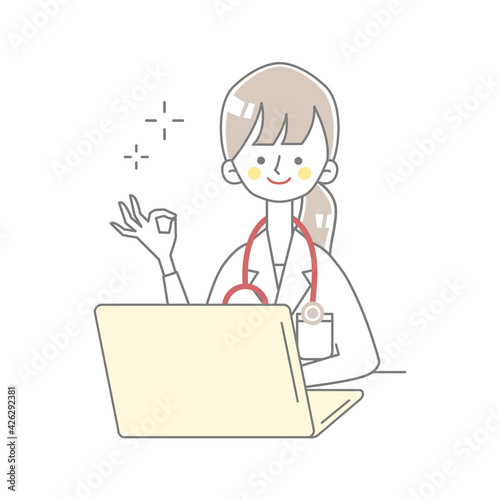 パソコンの前でokサインをする医者のイラスト Wall Mural 陽子 冨田