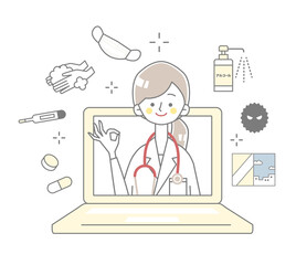 ノートパソコンからOKサインの医者が飛び出すイラスト