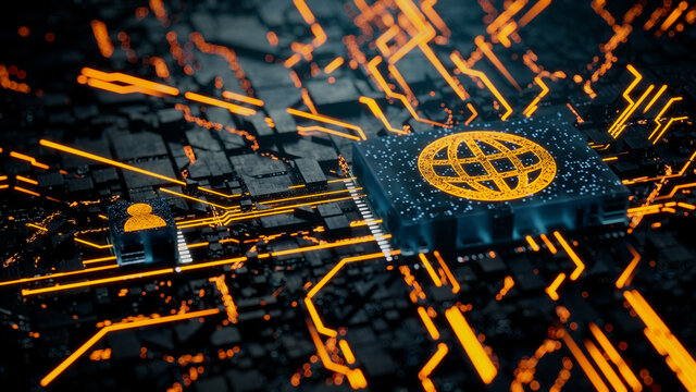 Internet Technology Concept with web symbol on a Microchip. Orange Neon Data flows between the CPU and the User across a Futuristic Motherboard. 3D render.