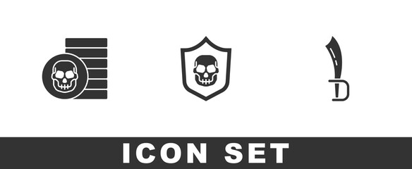 Set Pirate coin, Shield with pirate skull and sword icon. Vector