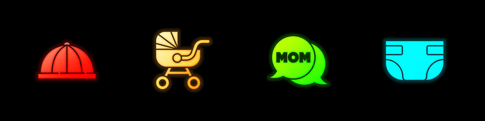 Set Baby hat, stroller, Speech bubble mom and absorbent diaper icon. Vector