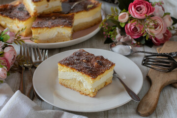 A piece of sheet cake on a plate 