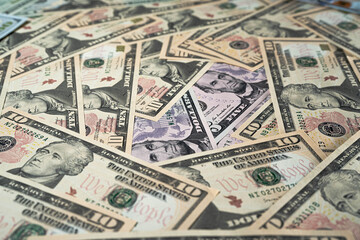 Background with money american hundred dollar bills. 20 dollars, 50 dollars