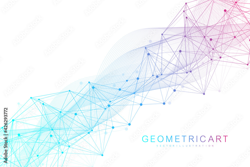 Poster geometric abstract background with connected line and dots. structure molecule and communication. bi