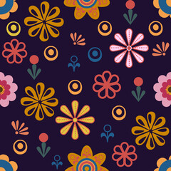Multicoloured  flowers on a dark background repeat pattern