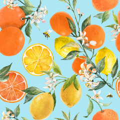 Beautiful seamless pattern with watercolor hand drawn citrus orange lemon grapefruit fruits. Stock illustration.