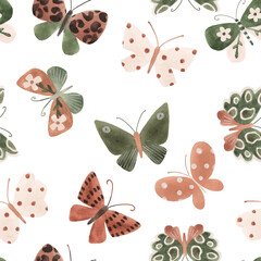 Beautiful vector seamless pattern with cute watercolor butterflies. Stock illustration.