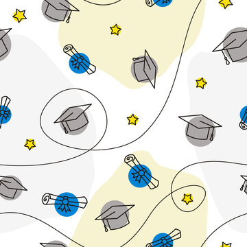 Seamless graduation pattern with line style elements. Hand drawn holiday background with rolled scrolls, stars and a graduate cap. Vector illustration.