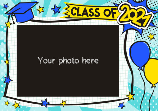 Graduation photo frame in pop art style for 2021. Bright page for class photos. Template for the design of frames for graduates, photographs, posters, cards, stickers. Vector illustration.