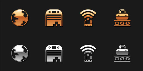 Set Worldwide, Aircraft hangar, Router and wi-fi signal and Conveyor belt with suitcase icon. Vector
