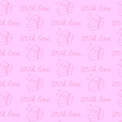 Vector seamless pattern with gift boxes in shape of heart and handwritten lettering- with love. Holiday background texture. For wrapping paper, greeting card, wedding, birthday, Valentine's Day