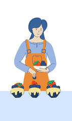 A woman bakes and decorates muffins with strawberries and blueberries. No diet day. Vector.