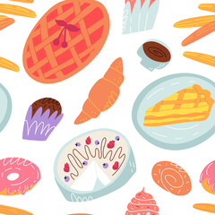 Cute various bakery desserts seamless pattern. Traditional American, French, Spanish sweet pastry on isolated background