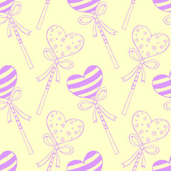Vector seamless pattern from heart shape lollipops, gingerbreads on stick with bows. Hand drawn doodle texture, background. For Valentine's Day, confectionery shop decoration. Love sweet candy