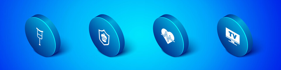 Set Isometric Crutch or crutches, Heart rate, Smart Tv and Grandmother icon. Vector