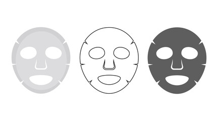 Set of cosmetic mask icons. A napkin made of a special cloth, in the shape of a face with slits for the eyes, nose and mouth, impregnated with a cosmetic or complex composition. Vector illustration.