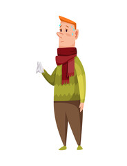 Flu cold. Flu or common cold treatment at home. Man with handkerchief in hand. Season allergy. Allergy sick or flu concept