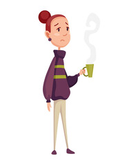 Flu cold. Flu or common cold treatment at home. Woman with cup in hand. Season allergy. Allergy sick or flu concept