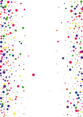 Yellow Rainbow Confetti Decoration. Party Circle Illustration. Pink Square Background. Red Shiny Dot.