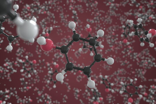 Molecule of phenol, ball-and-stick molecular model. Scientific 3d rendering