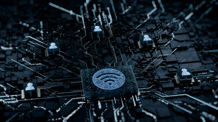 Wireless Technology Concept with wifi symbol on a Microchip. White Neon Data flows between Users and the CPU across a Futuristic Motherboard. 3D render.