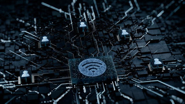 Wireless Technology Concept with wifi symbol on a Microchip. White Neon Data flows between Users and the CPU across a Futuristic Motherboard. 3D render.