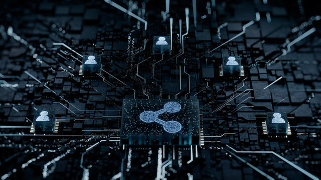 Network Technology Concept with share symbol on a Microchip. White Neon Data flows between Users and the CPU across a Futuristic Motherboard. 3D render.
